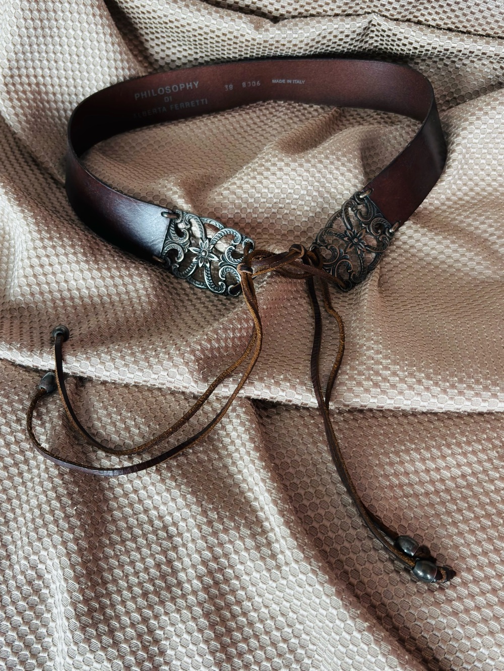 Philosophy Brown Leather Belt with Ornate Silver-Tone Metal Accents